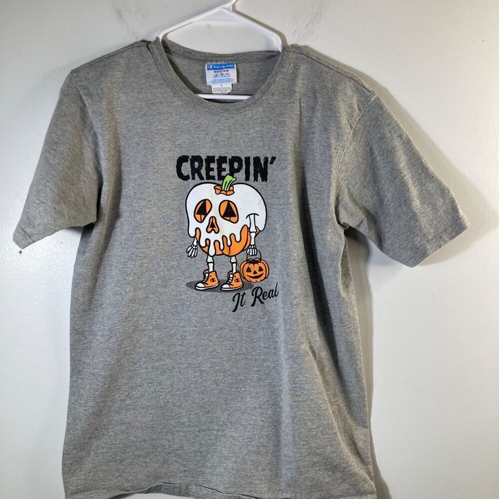 Womens Champion Halloween Tee Creepin It Real Pumpkin Ghost Gray M‎